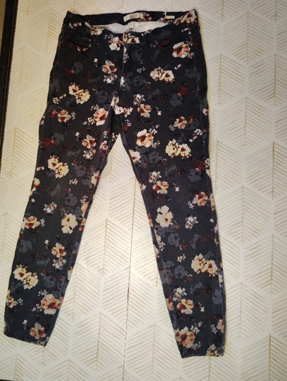 Vintage America Floral Denim Skinny Cotton Elastane Burgendy Blue & Cream 6r